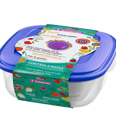 Jogo de Potes de Plástico Quadrados com Tampa Sanremo 460 - 3 Peças