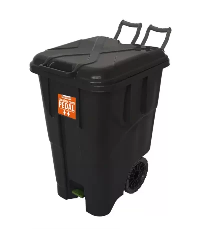 Lixeira Coletora com Pedal Rodas e Alças Preta Antares - 90L